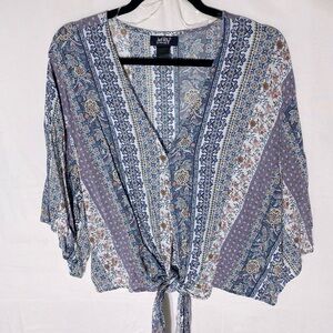 Just Polly Blue Boho Multi Floral Stripes Tie Front Blouse L